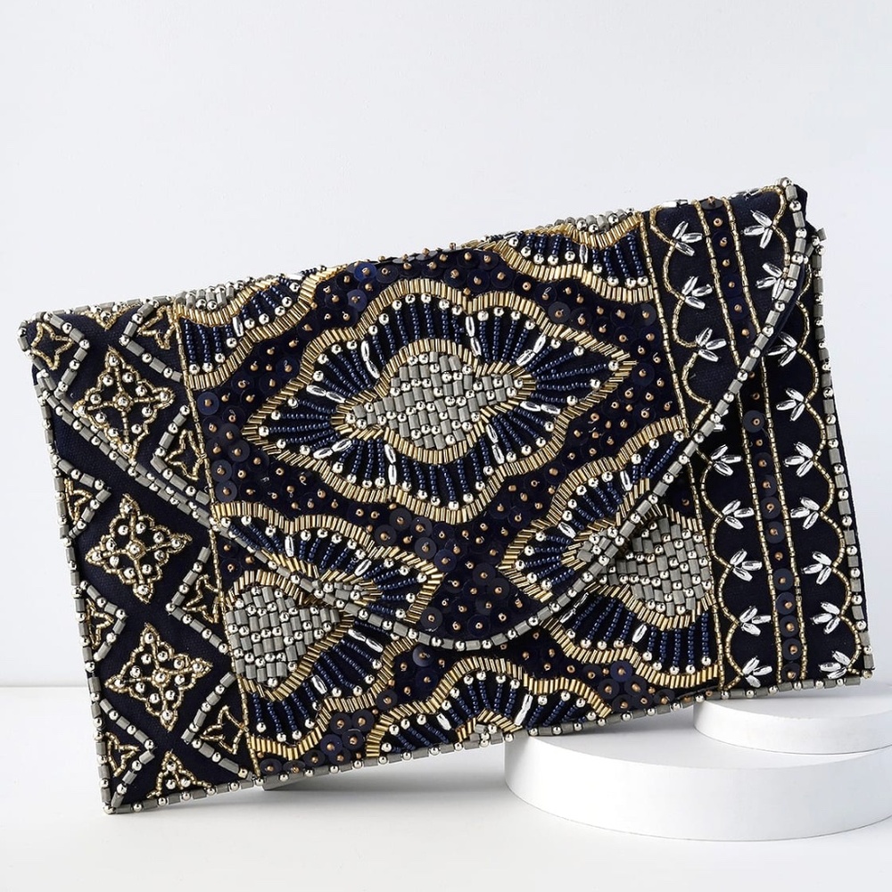 Etched in Stone Navy Blue Beaded Clutch